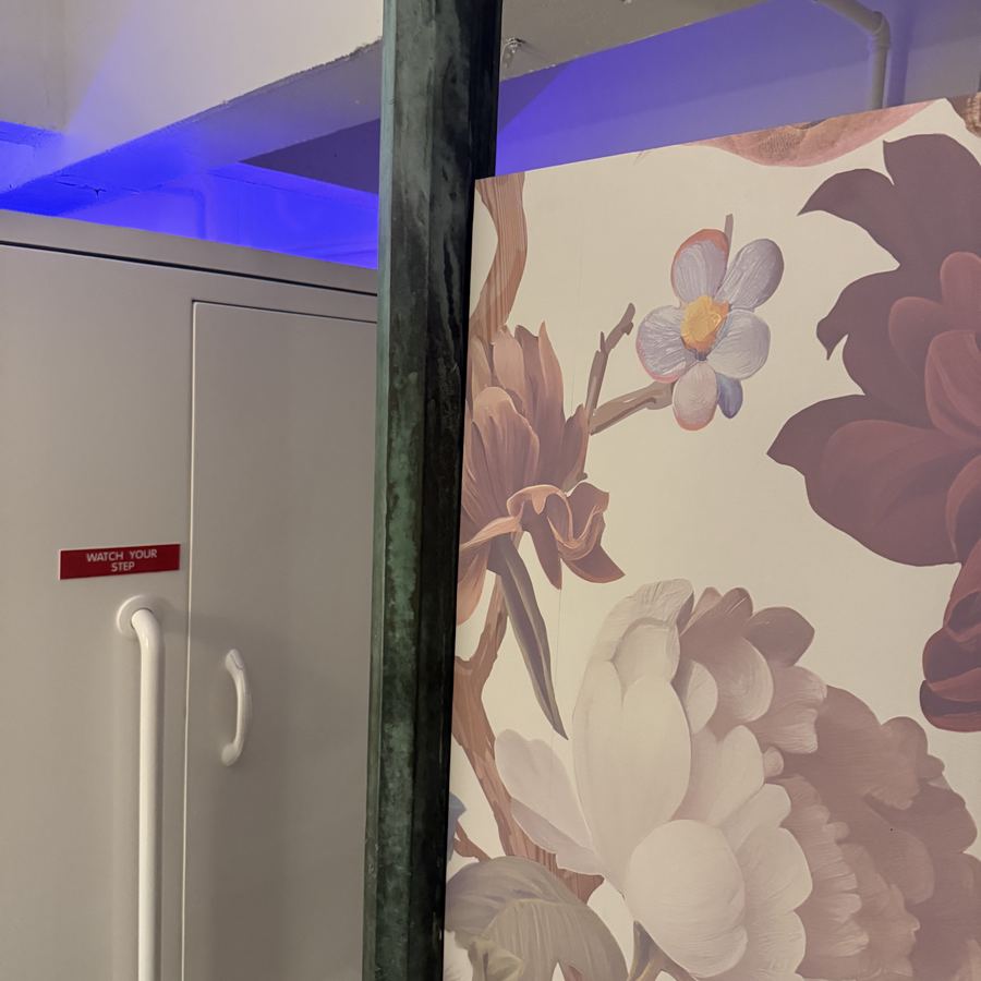 A float tank beside the floral mural