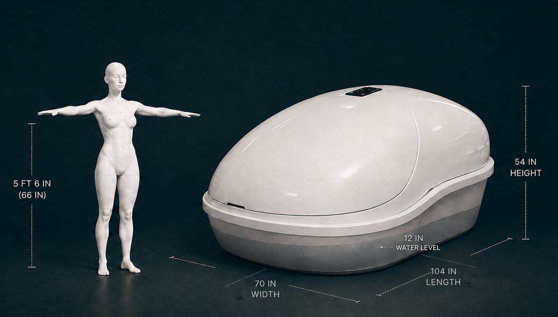 Scale diagram: a 5 ft 6 in person beside the float pod, which is 104 inches long, 70 inches wide and 54 inches tall, with 12 inches of water.